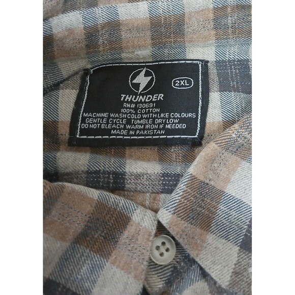 THUNDER Men’s  2XL Plaid Flannel Long Sleeve Button Up Brown Plaid Cotton EUC - Picture 4 of 4